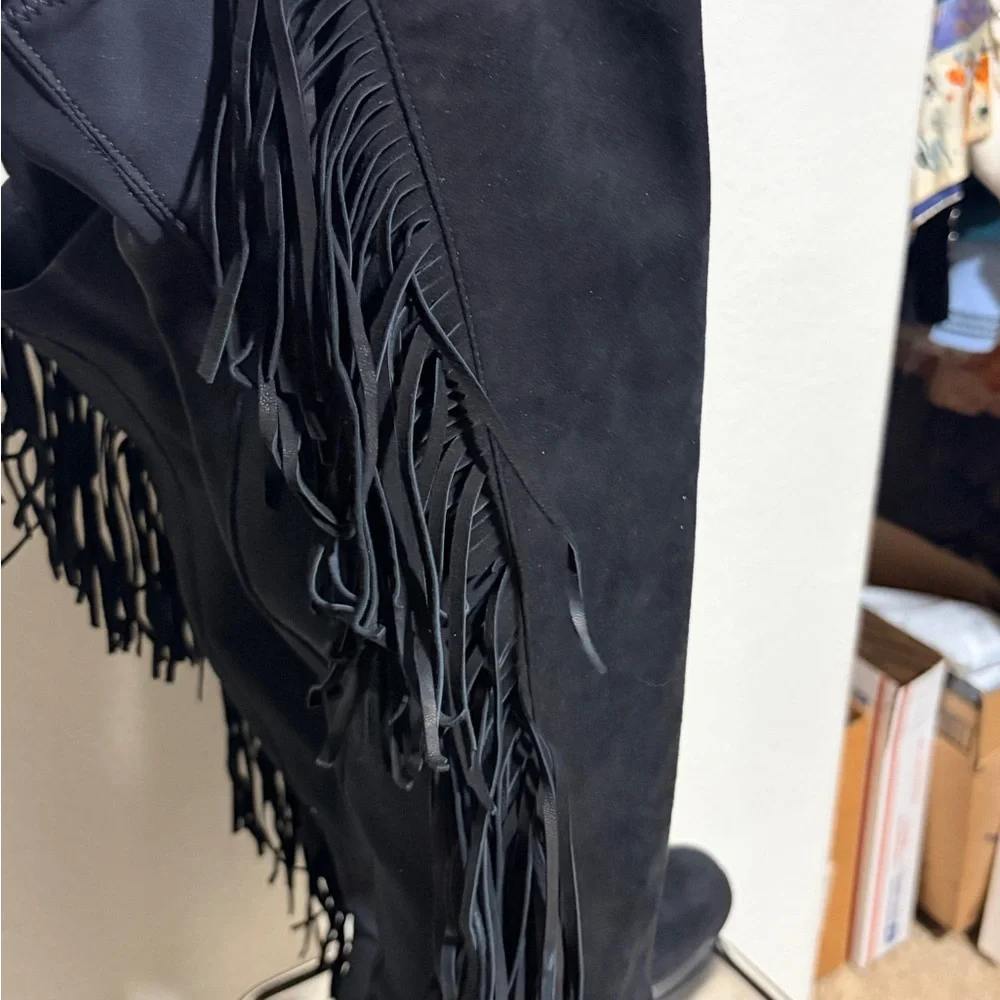Lavorazione Artigiana Made in Italy Black Suede Over the Knee Fringe Boots 8